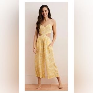 Aerie Yellow Floral Cut Out Jumpsuit
